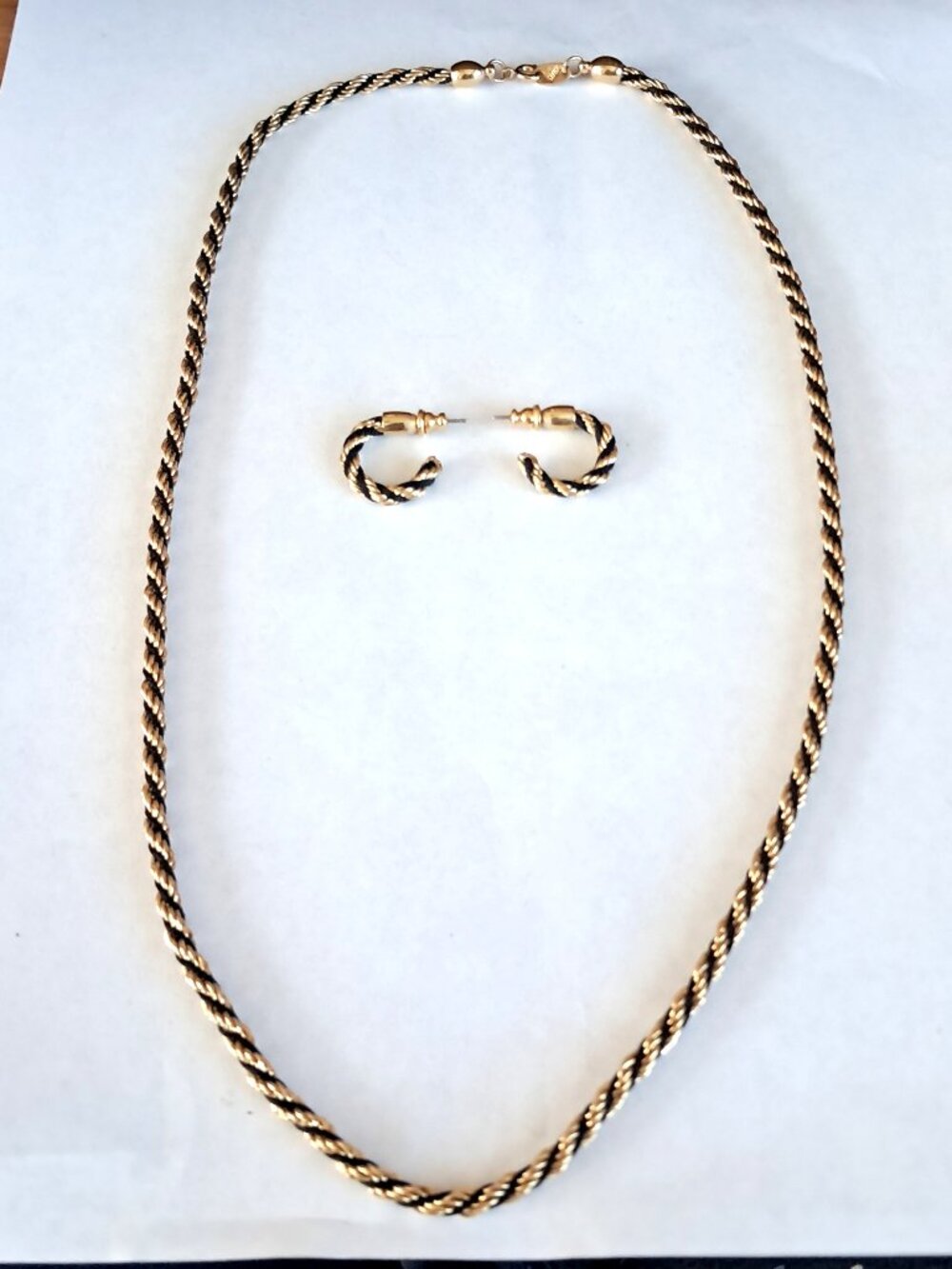 Vtg Trifari Twisted Rope Gold Tone Black Cord Chain Necklace Earrings Set 24"